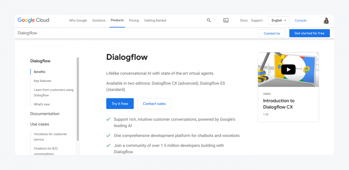 Dialogflow landing page screenshot
